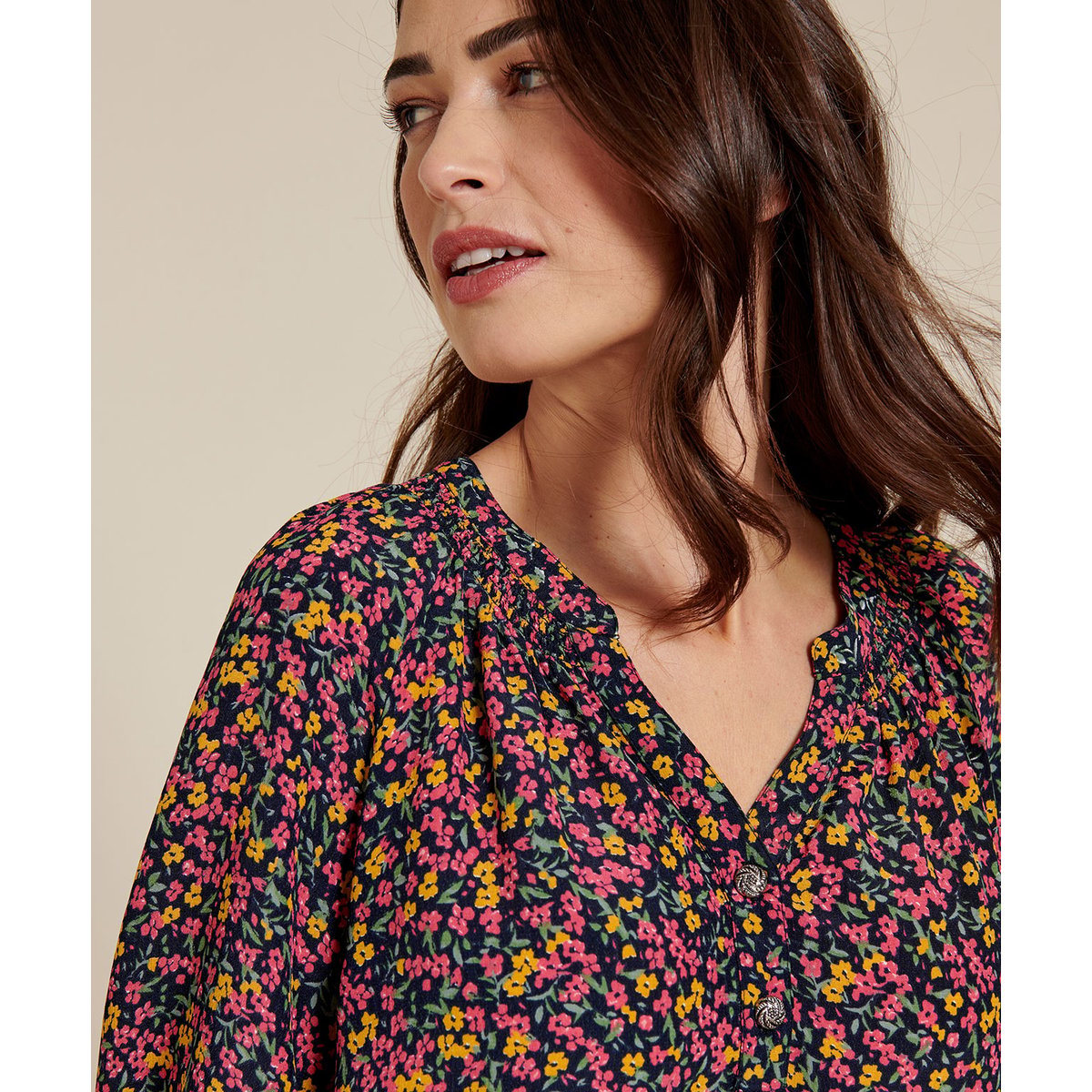 Blouse crêpe fleurie jaune coriandre imp., DAMART