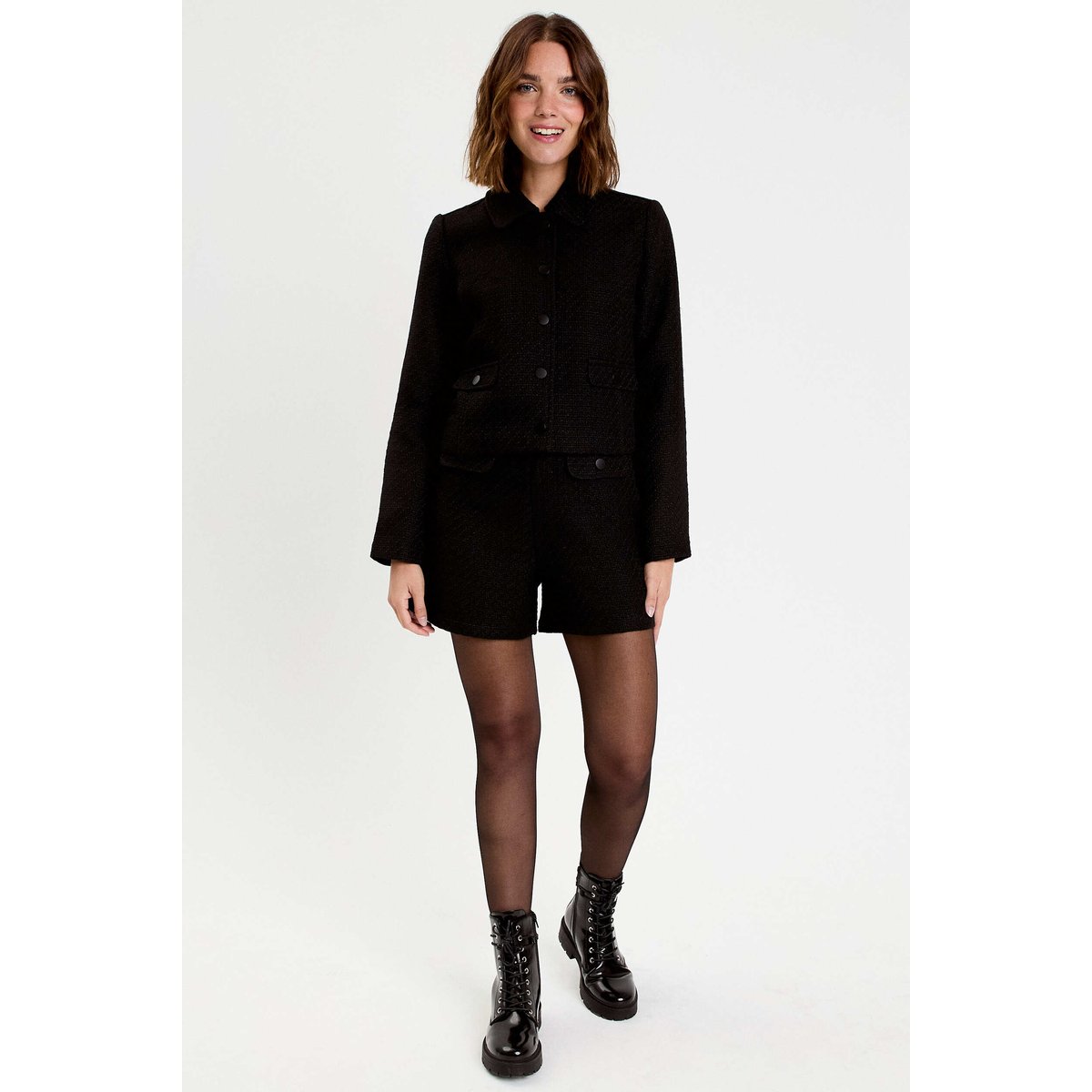 Veste droite cropped en tweed noir, CACHE CACHE