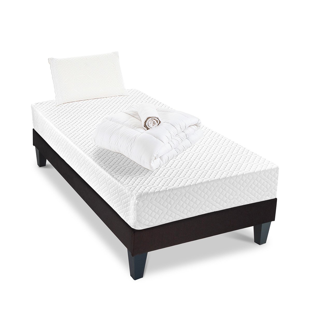 Pack Absolu 90x200 cm Matelas Mousse + Sommier Bois + Accessoires blanc, BELLECOUR