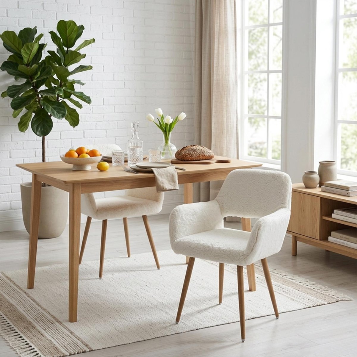 Lot de 2 chaises de salle à manger fauteuil scandinaves en tissu effet poil de lapin, CROMWELL PELUCHE blanc, MEUBLES COSY