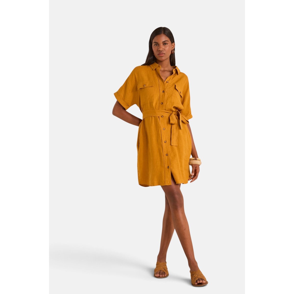 Robe chemise droite en lin LAYA ocre, Maison 123