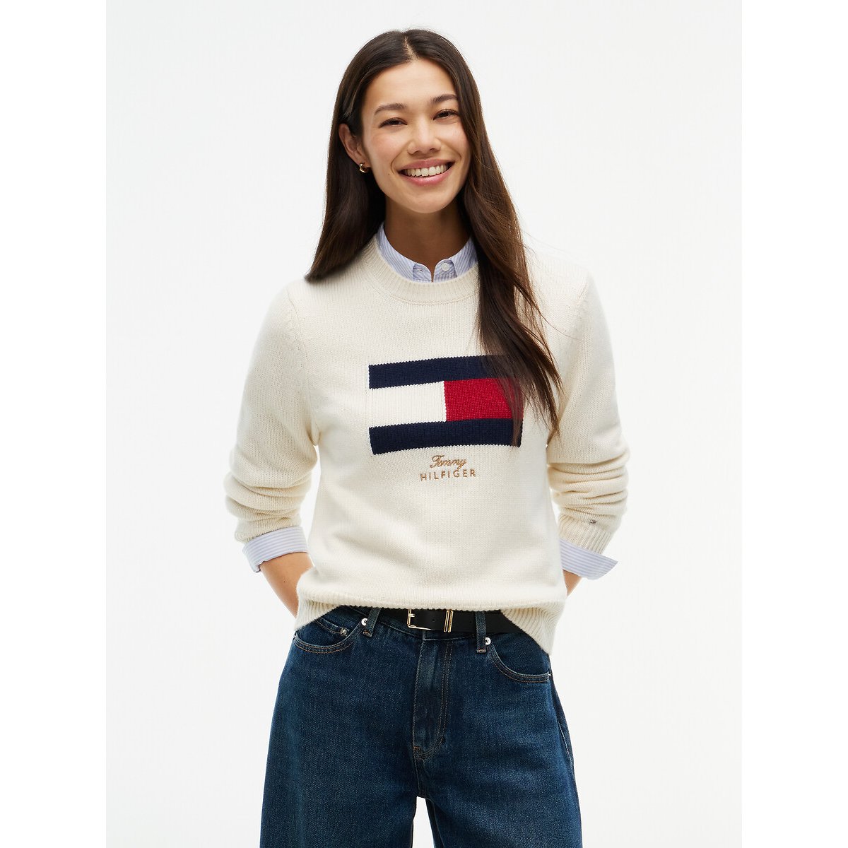 Pull col rond avec logo, 90% laine 10% cachemire  ivoire, TOMMY HILFIGER
