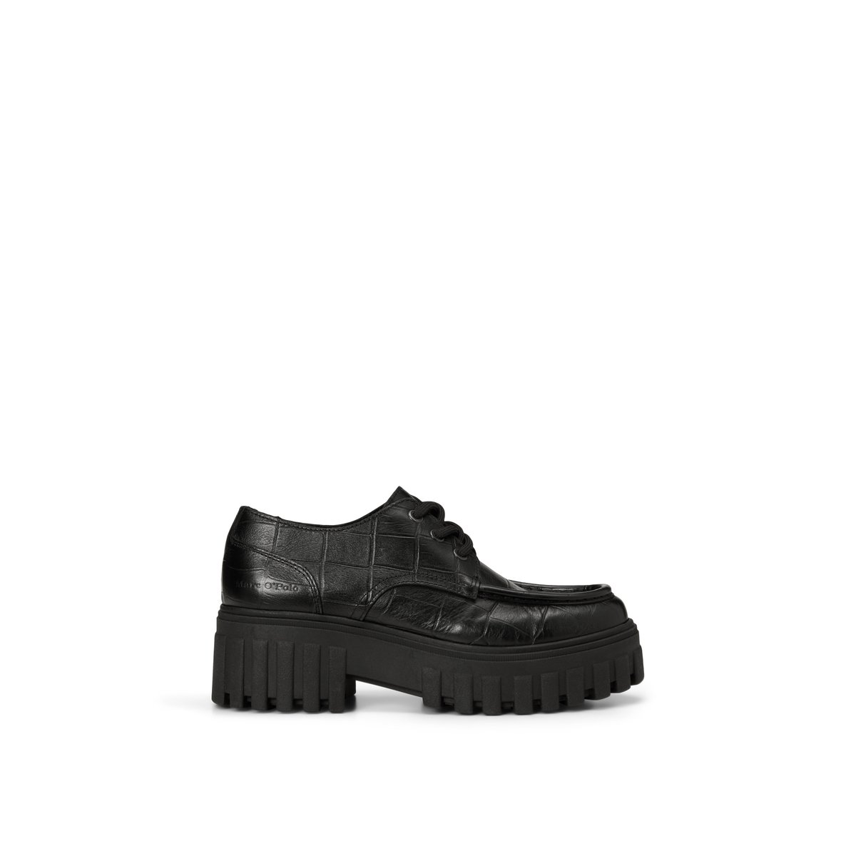 Chaussures à lacets à plateforme, modèle Vala en cuir de vachette aspect croco noir, MARC O'POLO