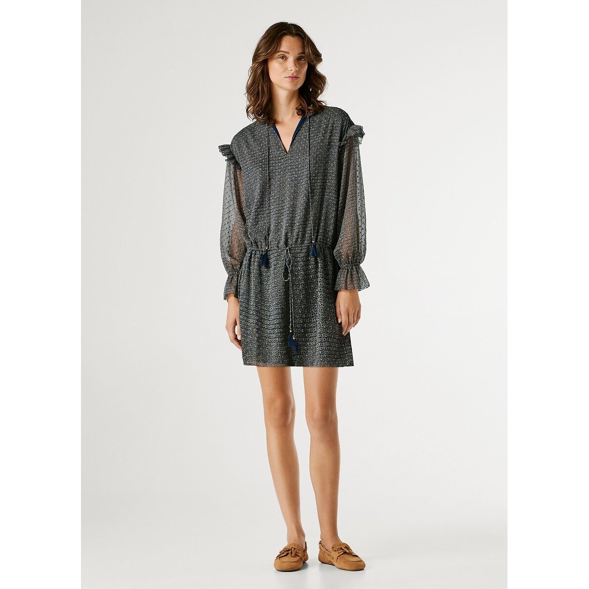 Robe courte, imprimée, à manches longues imprimé bleu, PEPE JEANS