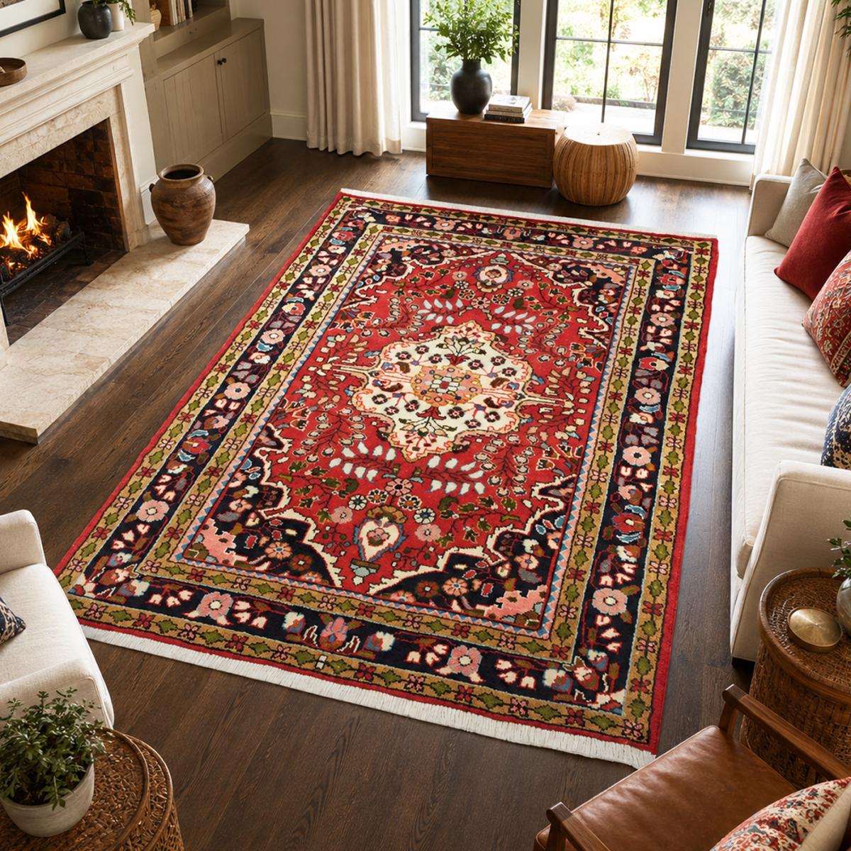 Tapis d'orient oriental, noué main en laine, HAMADAN 16 rouge, crème, noir, UN AMOUR DE TAPIS