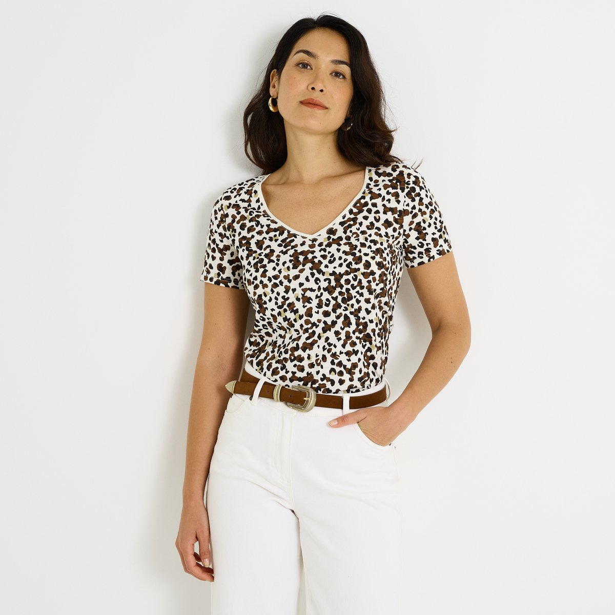 T-shirt col V imprimé beige, GRAIN DE MALICE