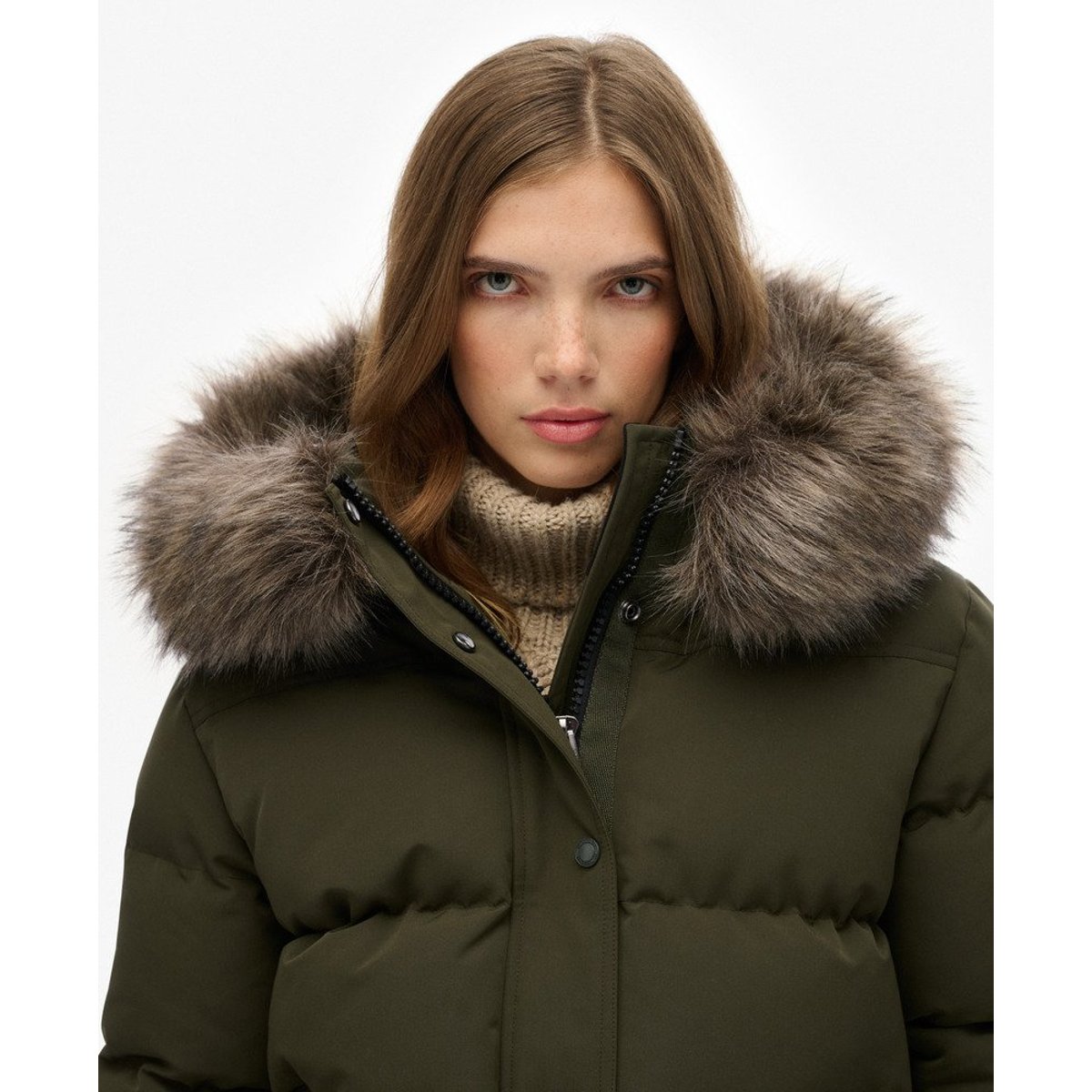 Doudoune courte à capuche en imitation fourrure kaki militaire, SUPERDRY