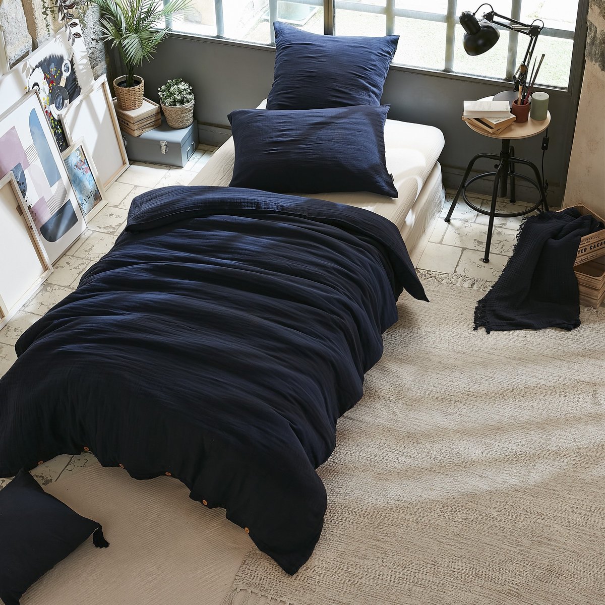 Housse de couette en double Gaze de Coton Gaia bleu marine, EDEN