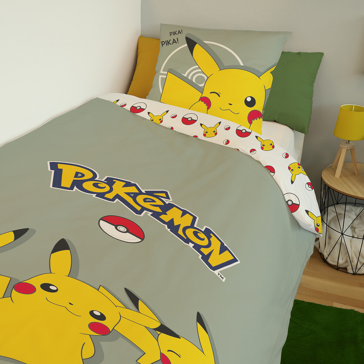 Parure de lit coton, Pokémon Trio Fun Kaki imprimé, POKEMON