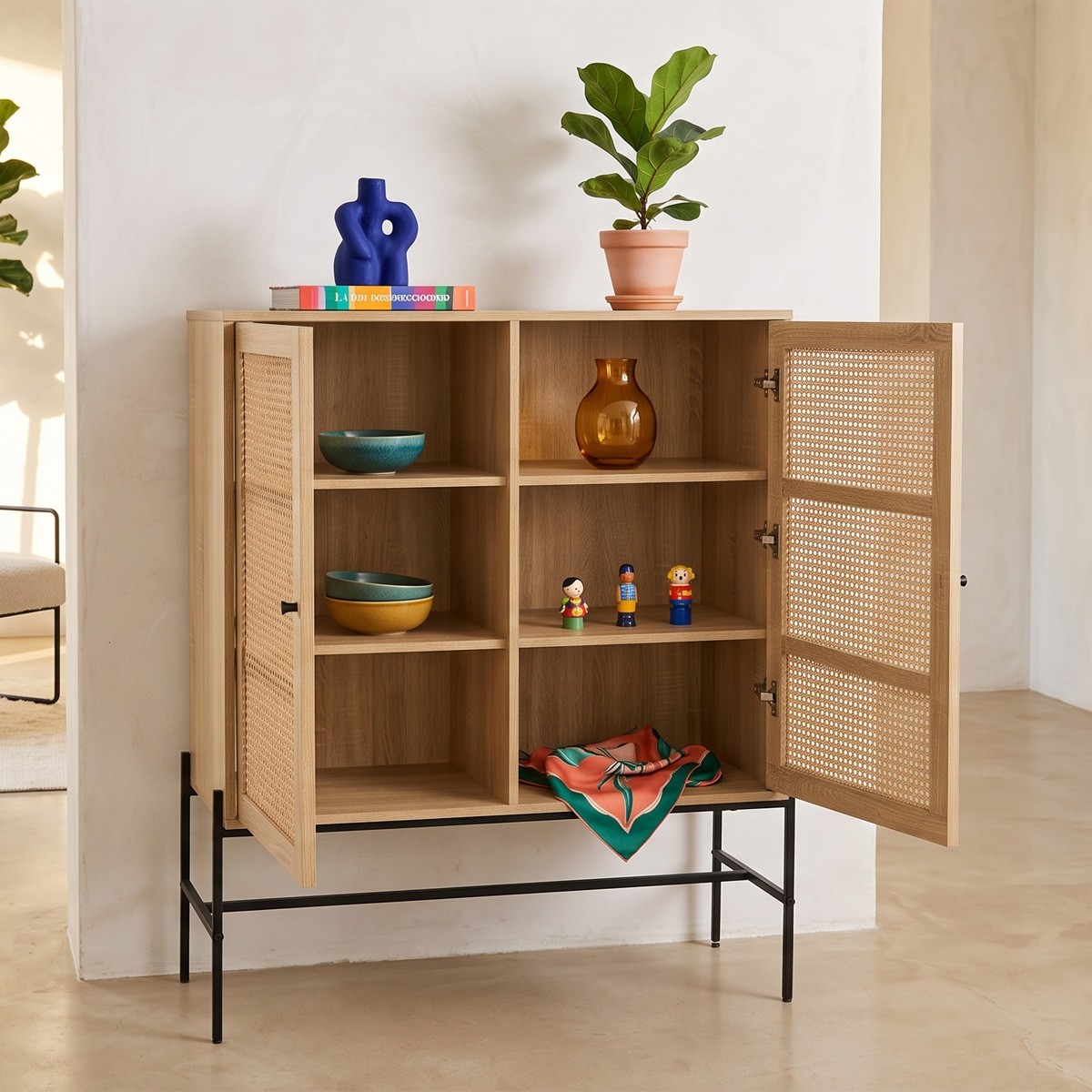 Buffet haut 2 portes en cannage et effet chêne - IRIS naturel, HOMIFAB