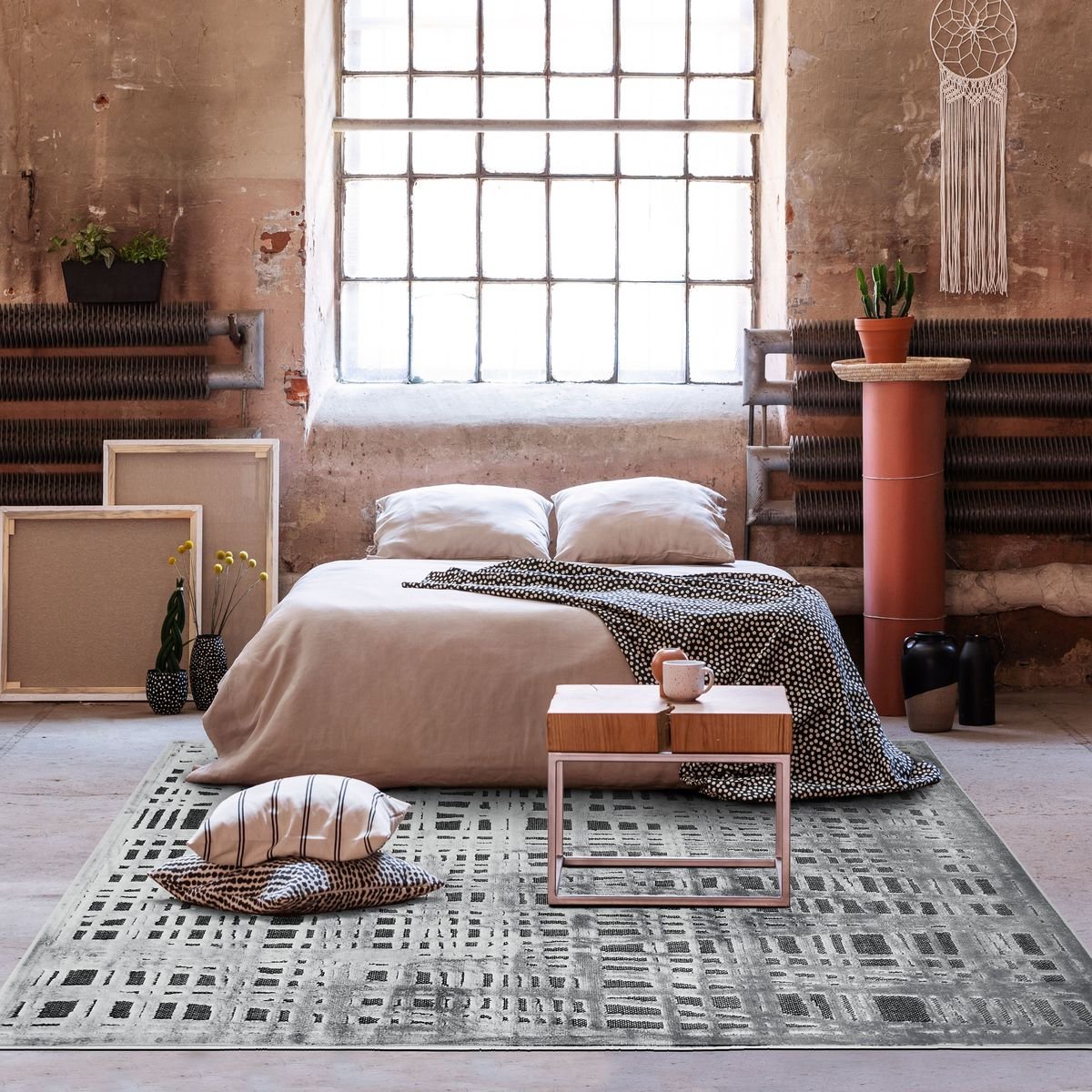 Tapis avec relief motif chaîne et trame EMPRISE CHAINE ET TRAME gris, THE DECO FACTORY