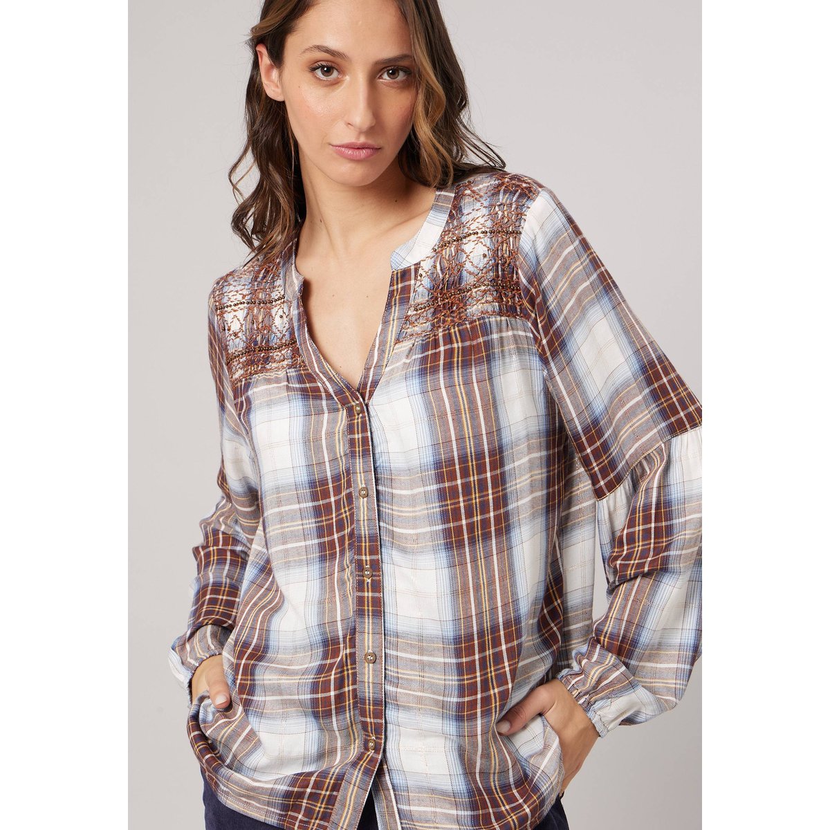 Blouse à carreaux femme IZELIA brown, DEELUXE