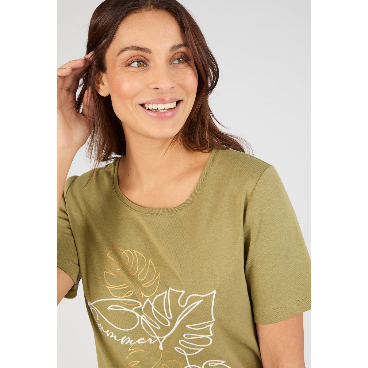 T-shirt brodé pur coton vert kaki grisé, DAMART