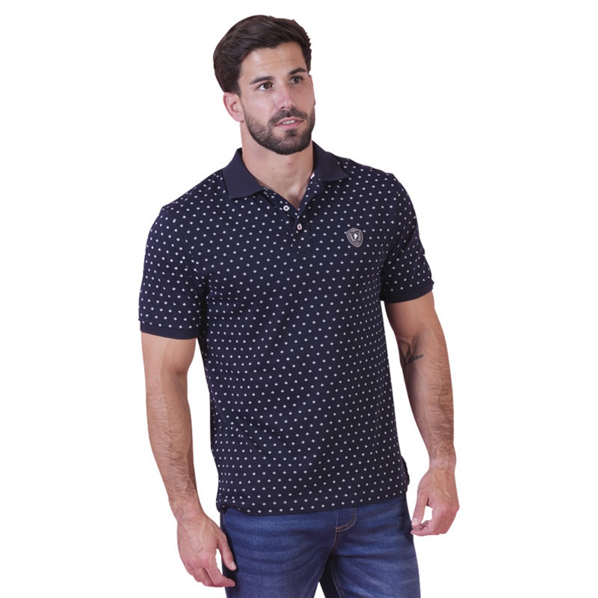Polo en coton marine à motifs pourvu d'une coupe droite et d'un col boutonné bleu foncé, RUCKFIELD