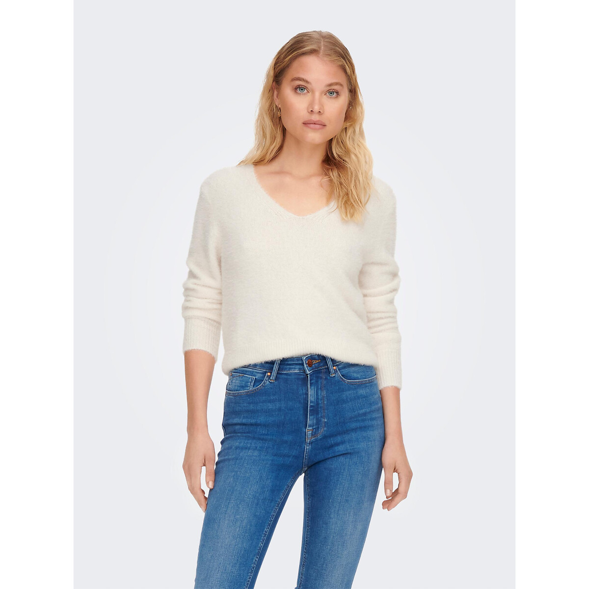 Pull col V, maille mousseuse blanc, ONLY