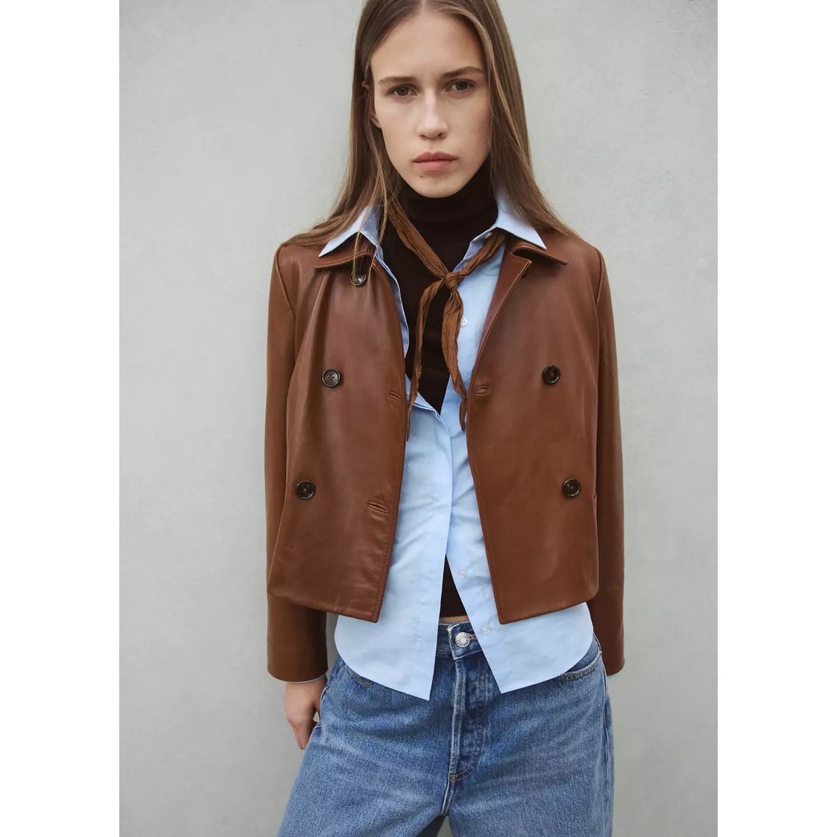 Veste cuir double boutonnage marron moyen, MANGO