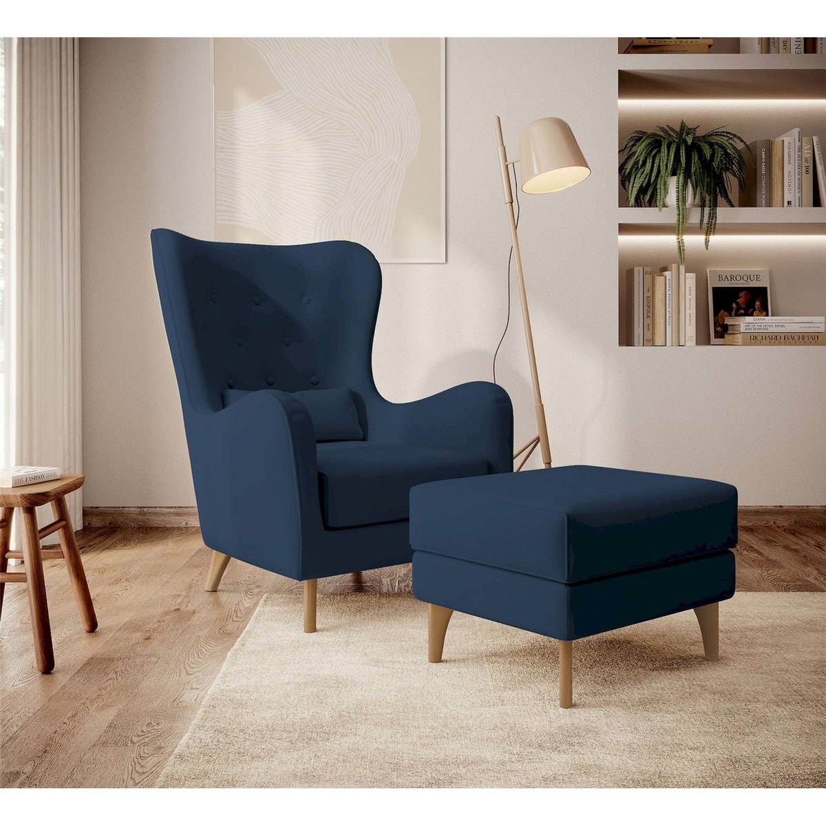 Fauteuil bergère capitonné en velours bleu marine, RECOLLECTION
