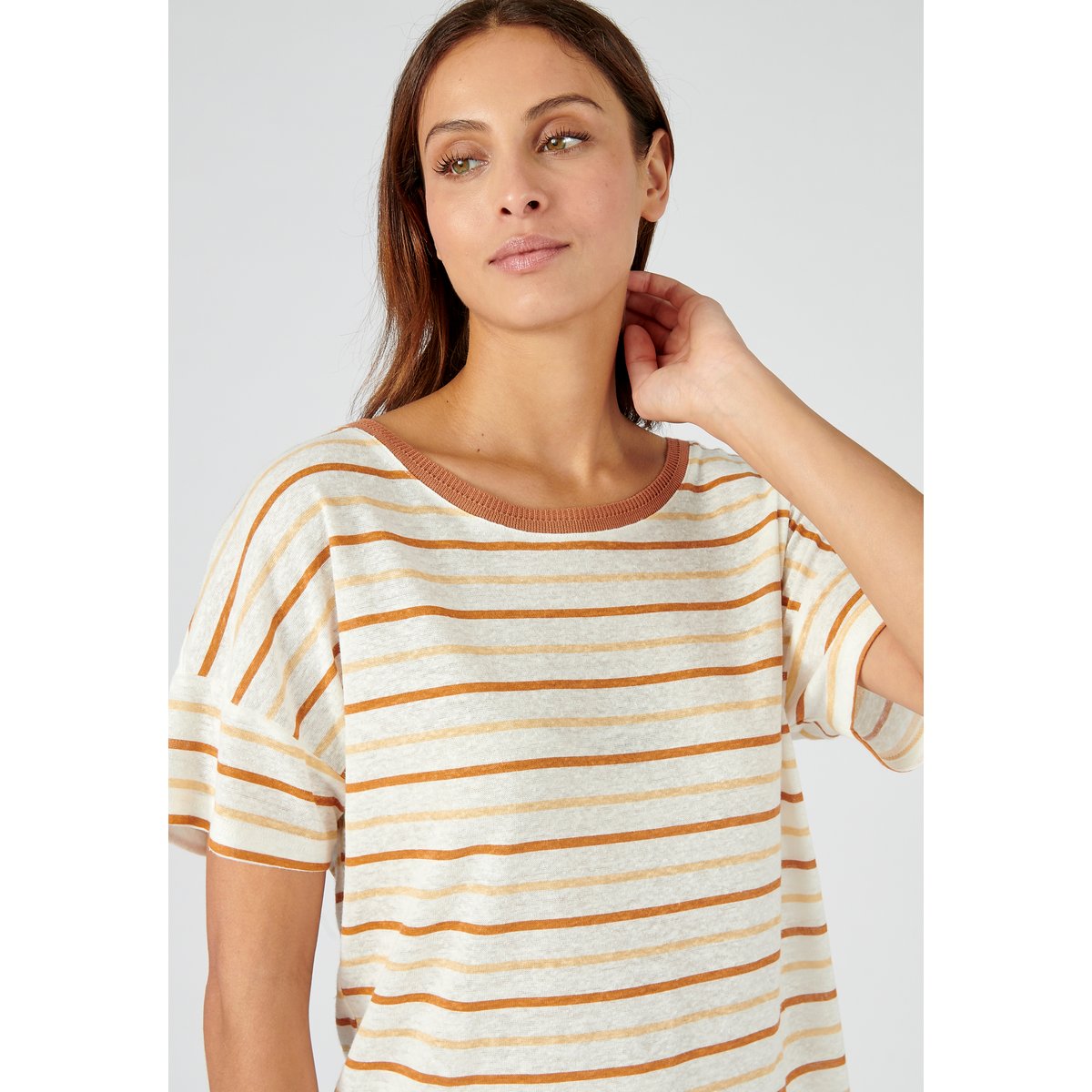 Tee-shirt à rayures en lin majoritaire marron beige rayé, DAMART