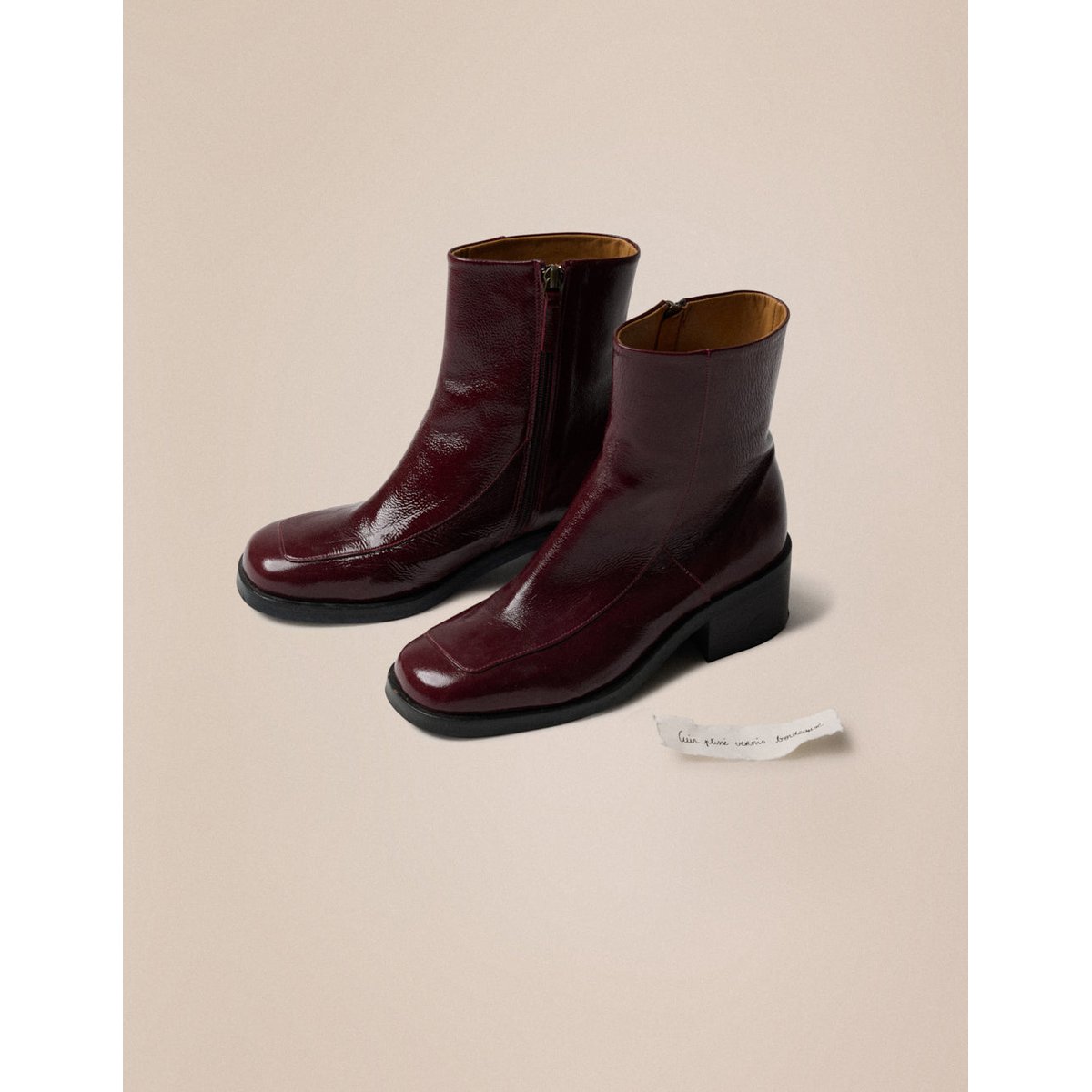 Bottines à talons CALLIE cuir plissé verni bordeaux, ODAJE