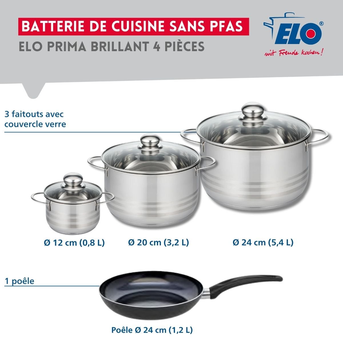 Batterie 1 poêle 24cm + 3 faitouts 12/20/24cm PRIMA BRILLANT noir, ELO