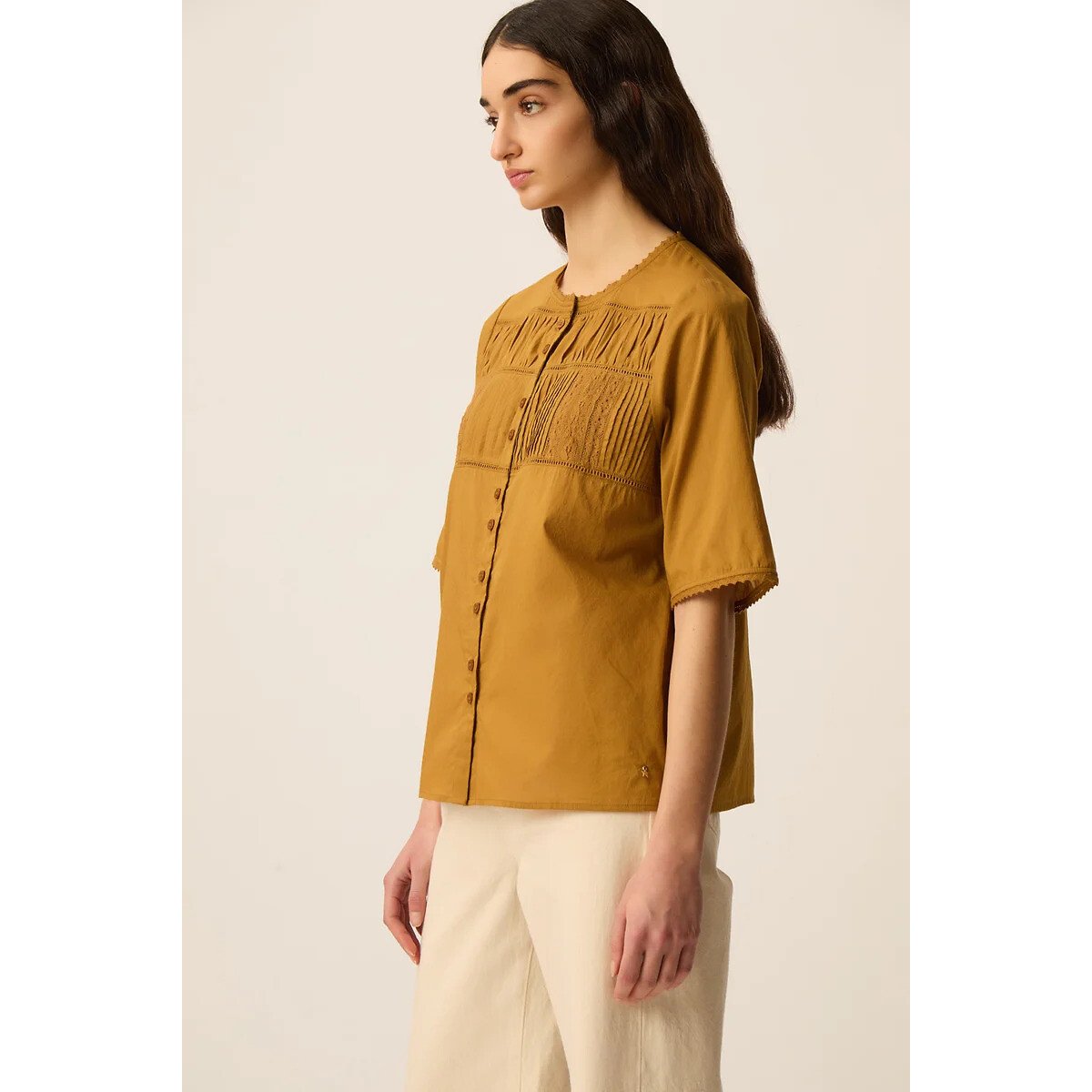 Blouse à manches courtes avec détails en dentelle, SALEM ocre, DES PETITS HAUTS