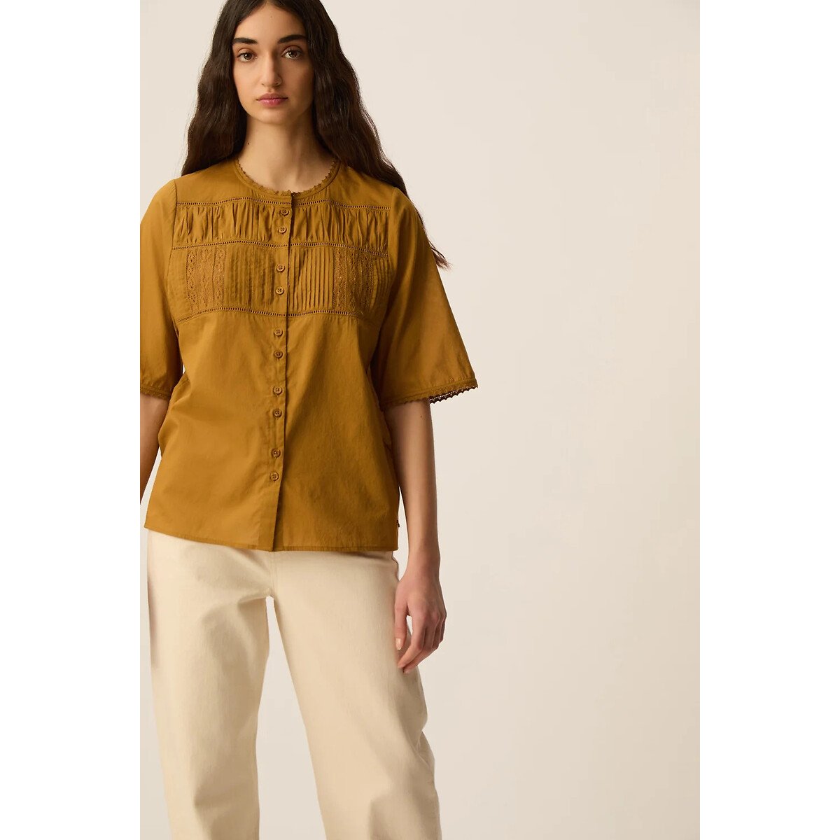 Blouse à manches courtes avec détails en dentelle, SALEM ocre, DES PETITS HAUTS