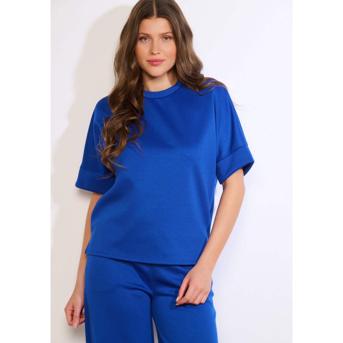 T-shirt structuré manches pliées bleu electrique, LOLALIZA