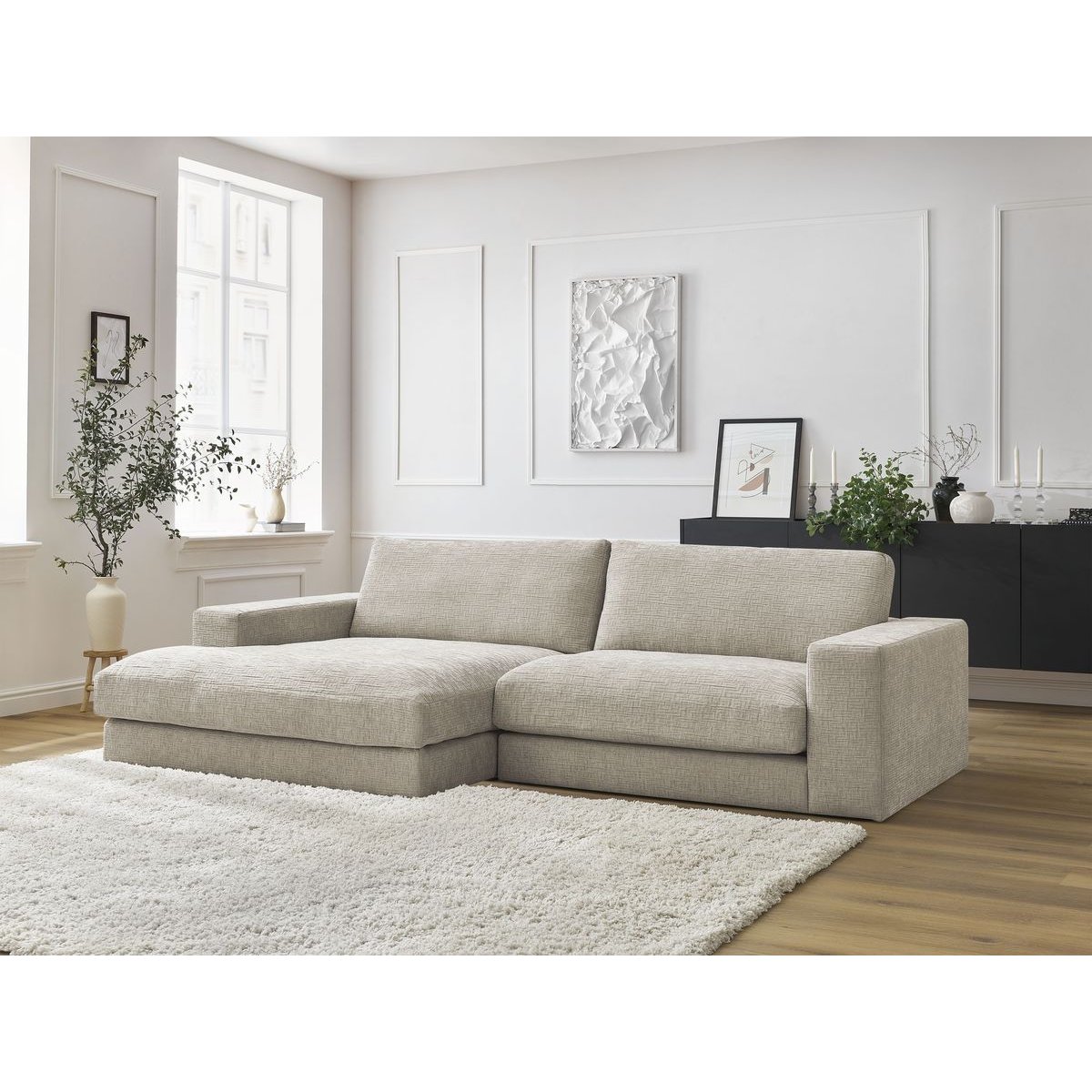 Canapé d'angle fixe 4 places en tissu texturé, LEONARD beige, BOBOCHIC