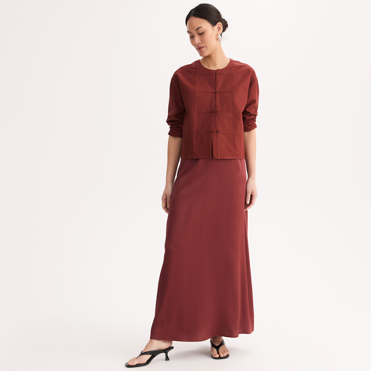Veste droite col rond en lin et viscose marron rougi, ANNE WEYBURN