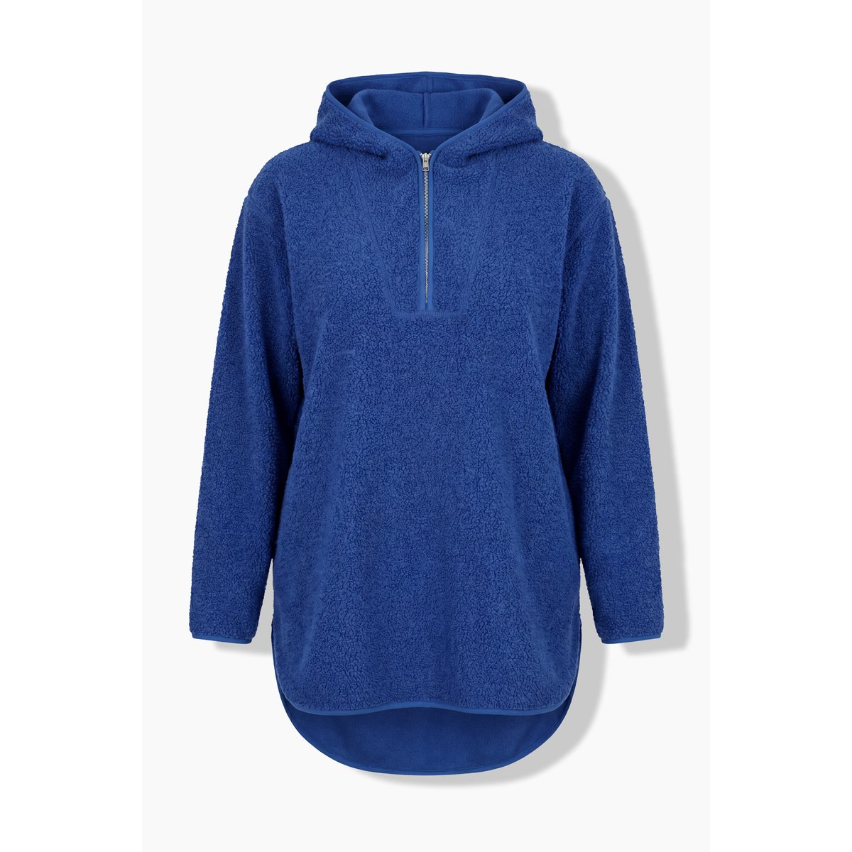Sweat-shirt long en polaire bouclée, capuche bleu cobalt, ULLA POPKEN