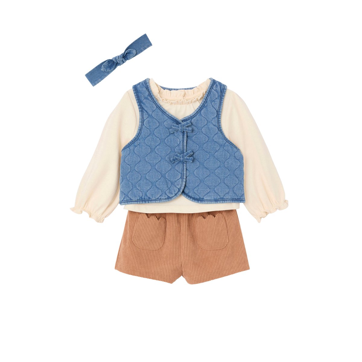 Ensemble bébé 4 pièces T-shirt + gilet + short + bandeau caramel, VERTBAUDET