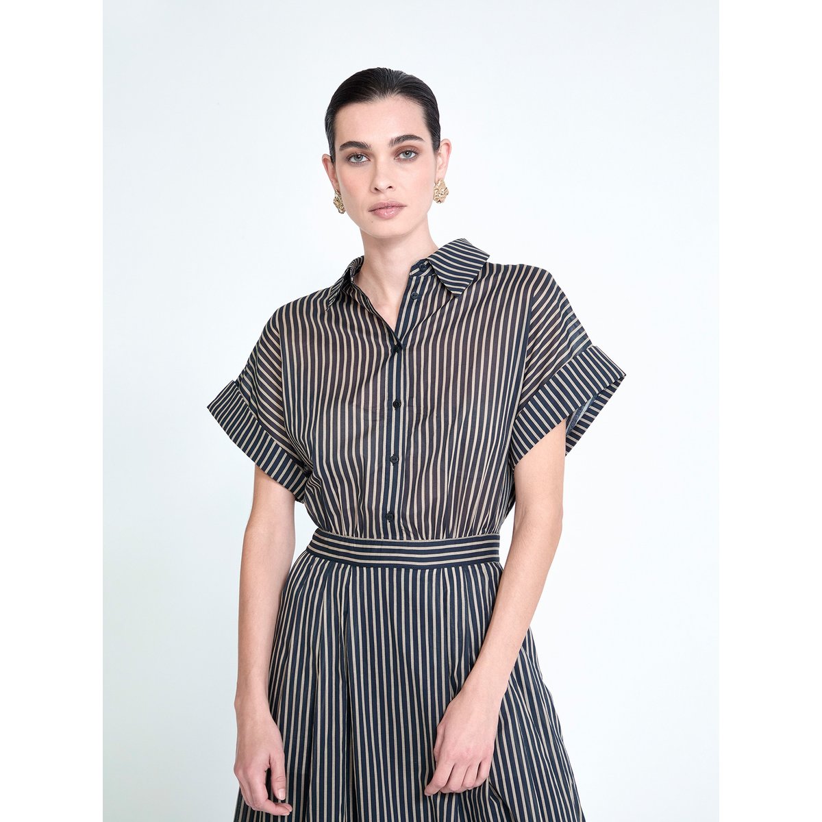 Robe midi chemise rayée à manches courtes noir, LOLA CASADEMUNT