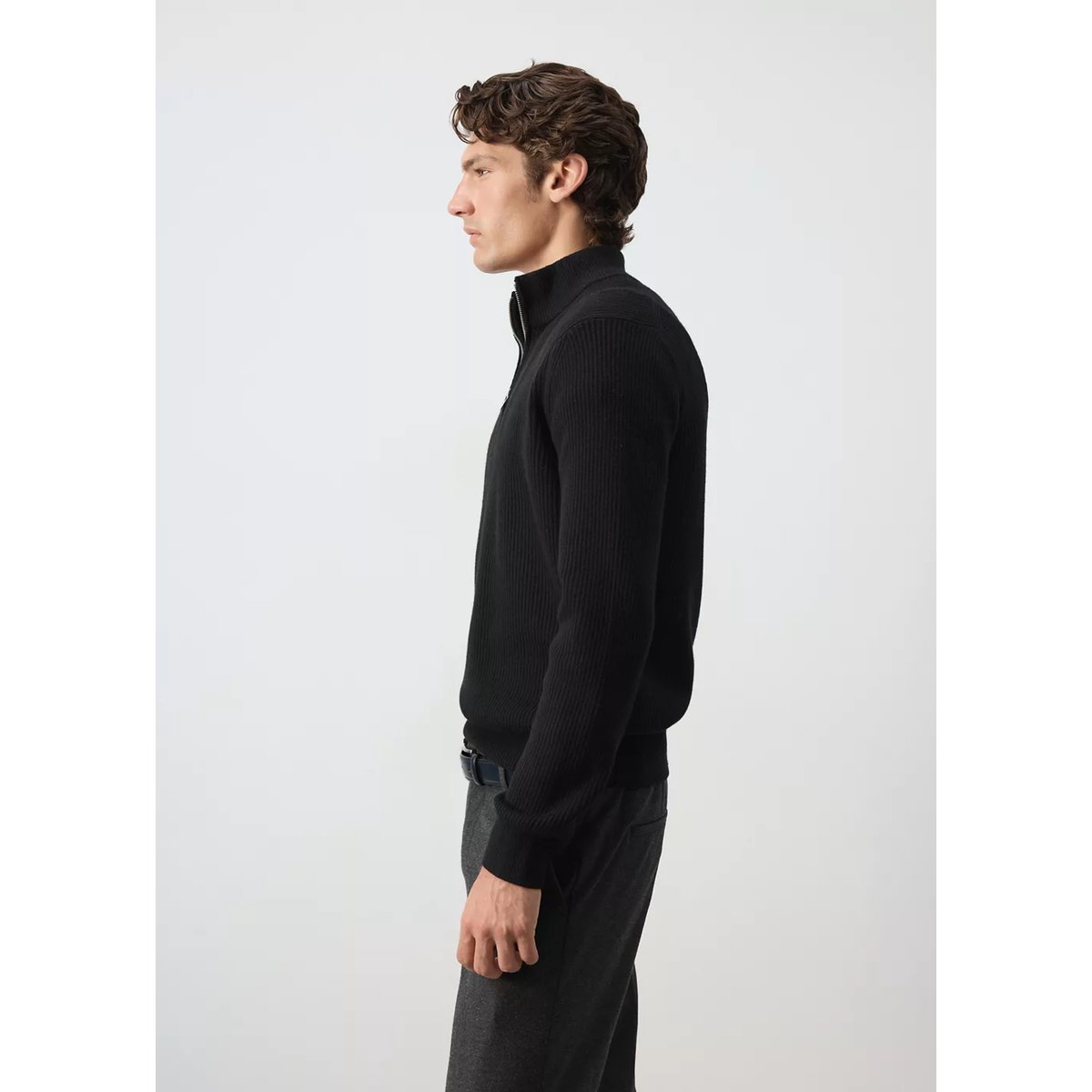 Pull-over zippé maille côtelée noir, MANGO MAN