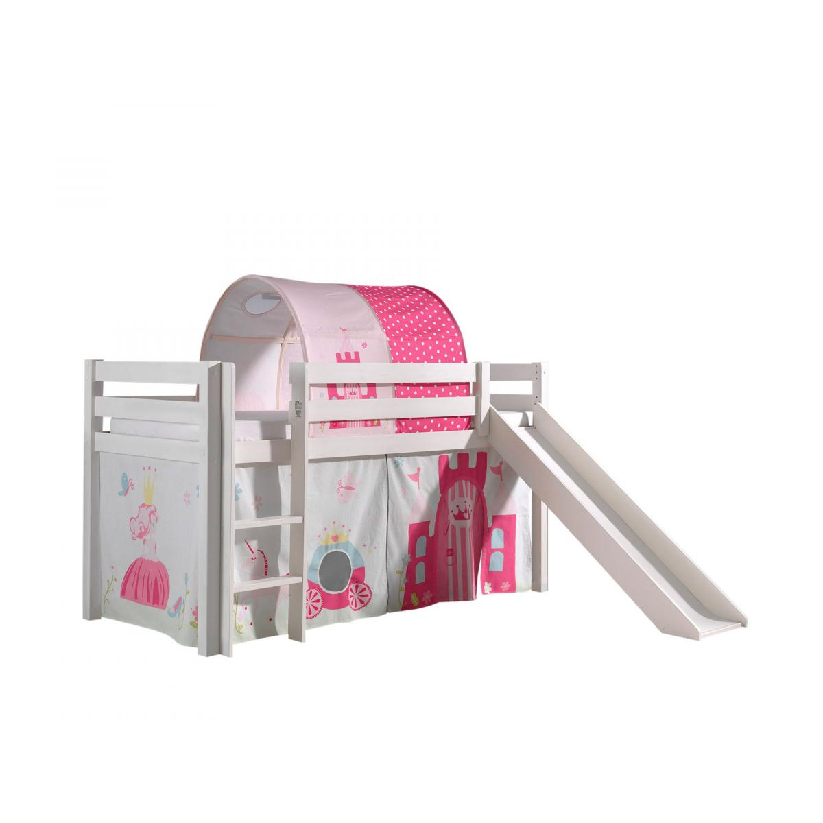 PINO Lit mezzanine avec toboggan + Princess rideau et tunnel de lit + 3 pochettes couleur unique, VIPACK
