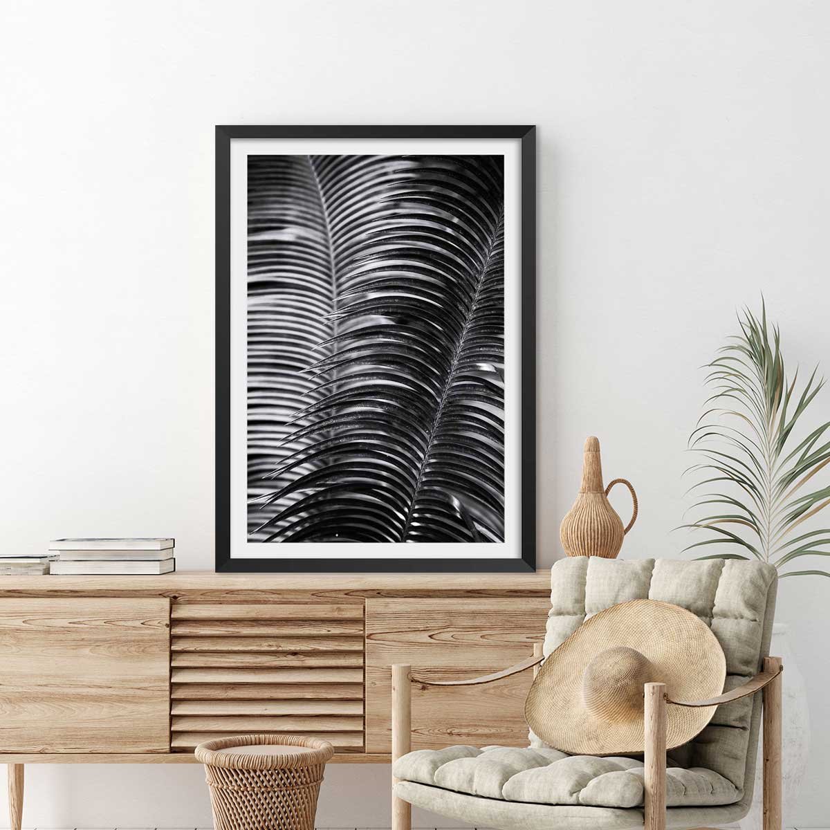 Poster jungle Sun palm affiche + cadre en bois - noir, HEXOA