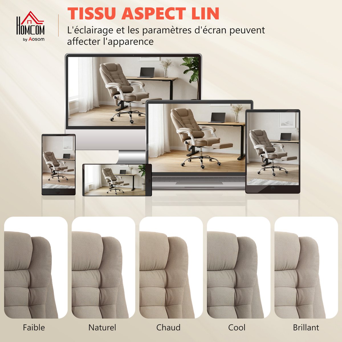 Fauteuil de bureau avec fonction massage Lin beige, HOMCOM