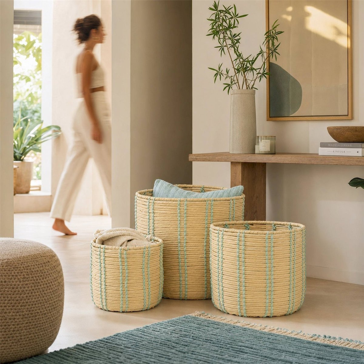 Set de 3 paniers ronds lignés en métal naturel et bleu azur, RECOLLECTION