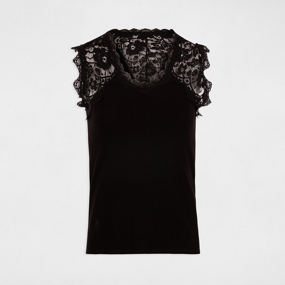 Camiseta con espalda de encaje negro, MORGAN