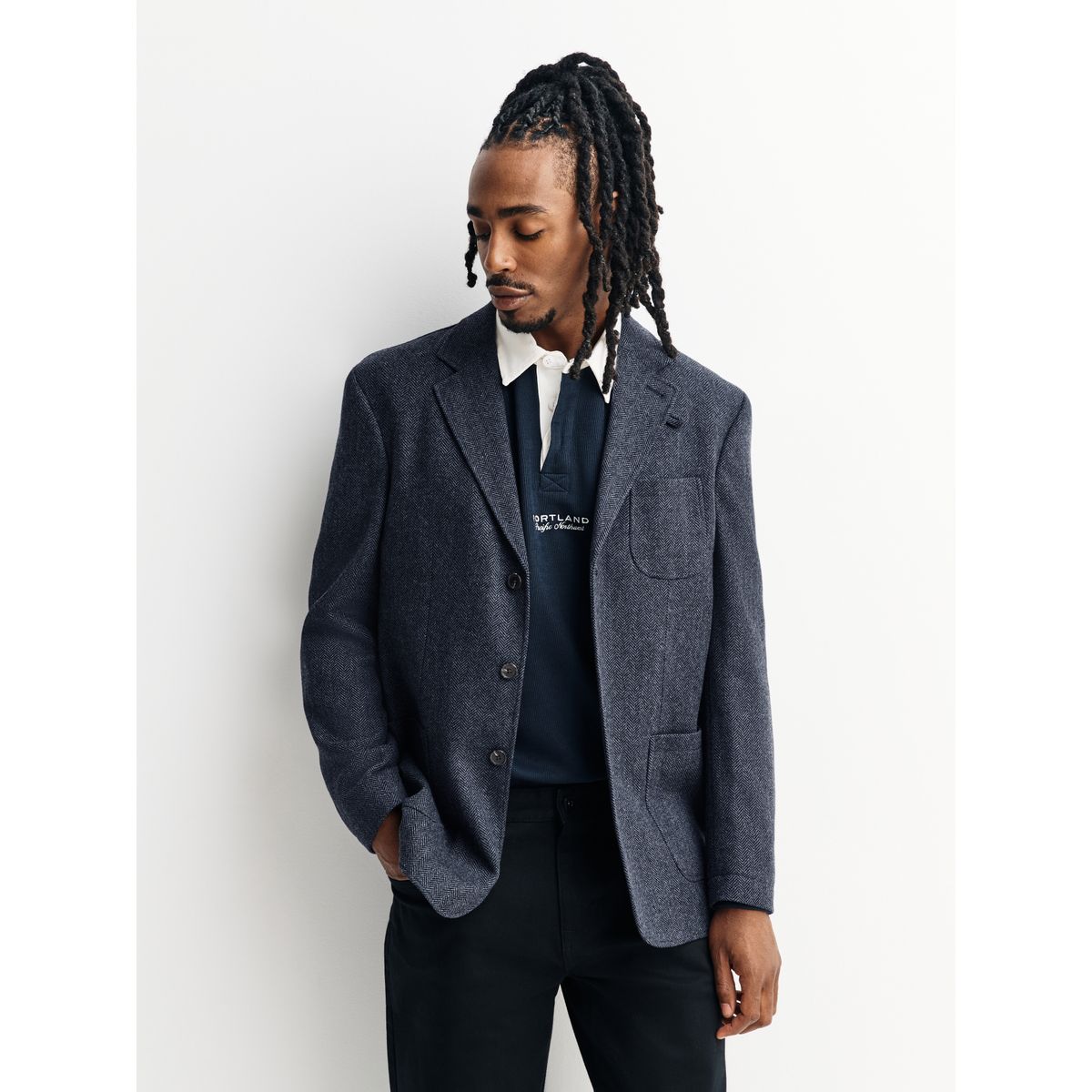 Blazer regular en laine à chevrons bleu marine, NEXT