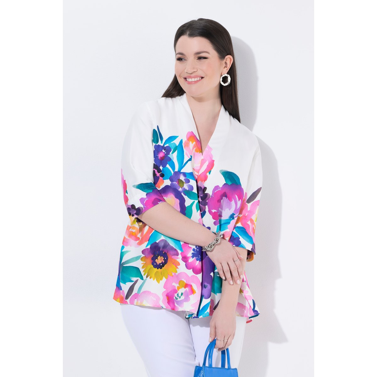 Blouse en satin, fleurs, coupe A, col calice blanc neige, ULLA POPKEN