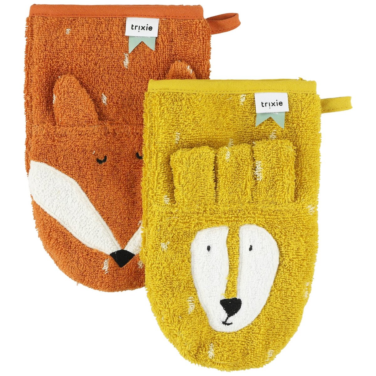 Lot de 2 gants de toilette orange, jaune, blanc, TRIXIE