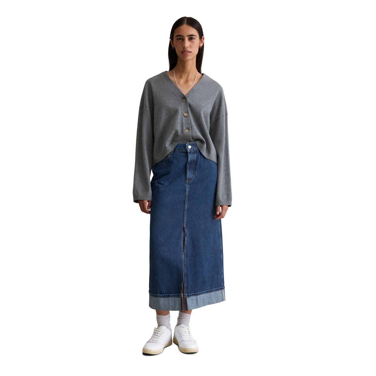 Cardigan col V relaxed en Soft Cotton Stretch gris, MARC O’POLO DENIM