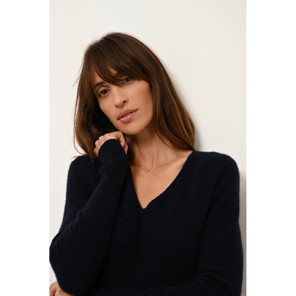 Robe Col V Navy Tracy bleu foncé, JUST CASHMERE