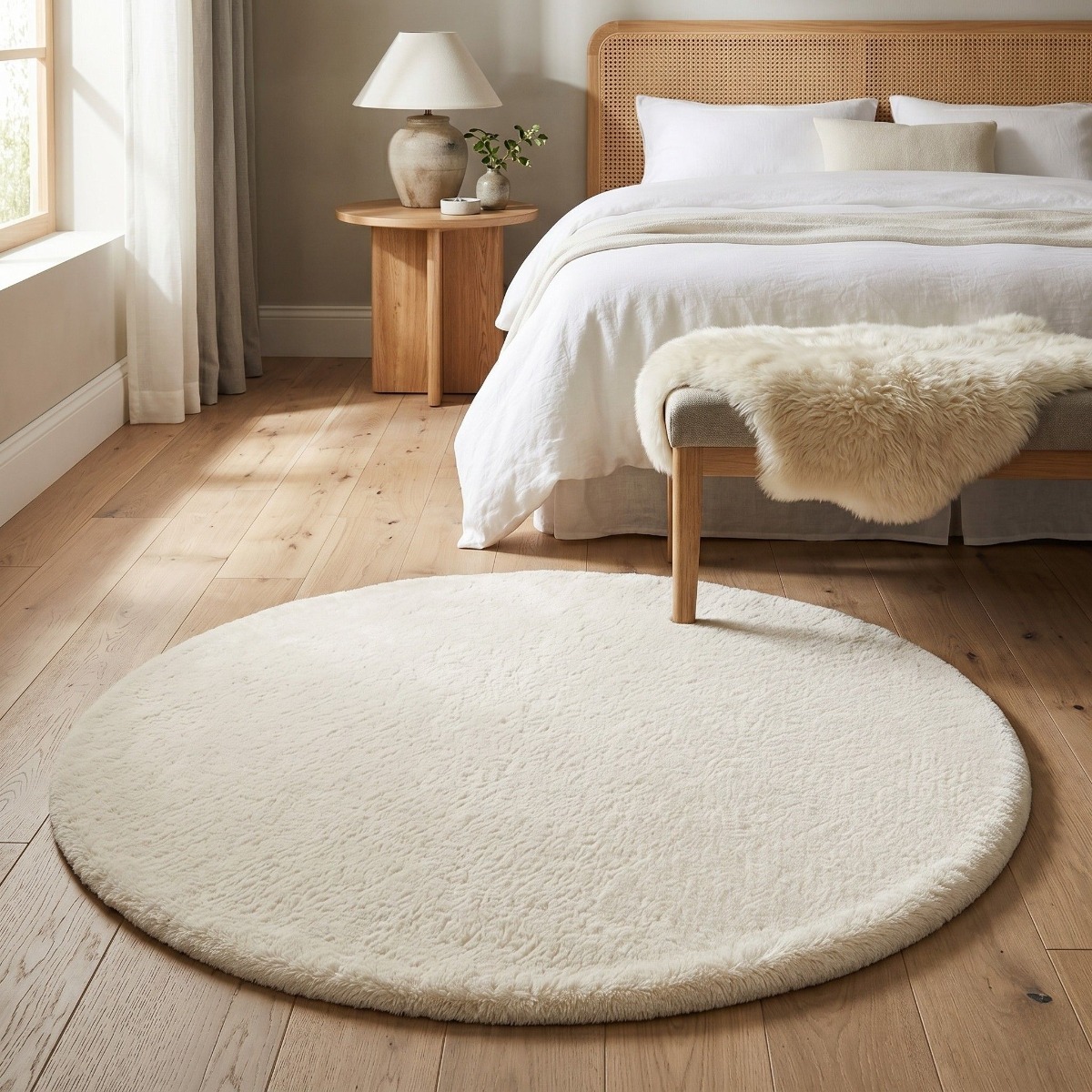 Tapis rond lavable imitation fourrure extra-doux SIBERIE beige, THE DECO FACTORY