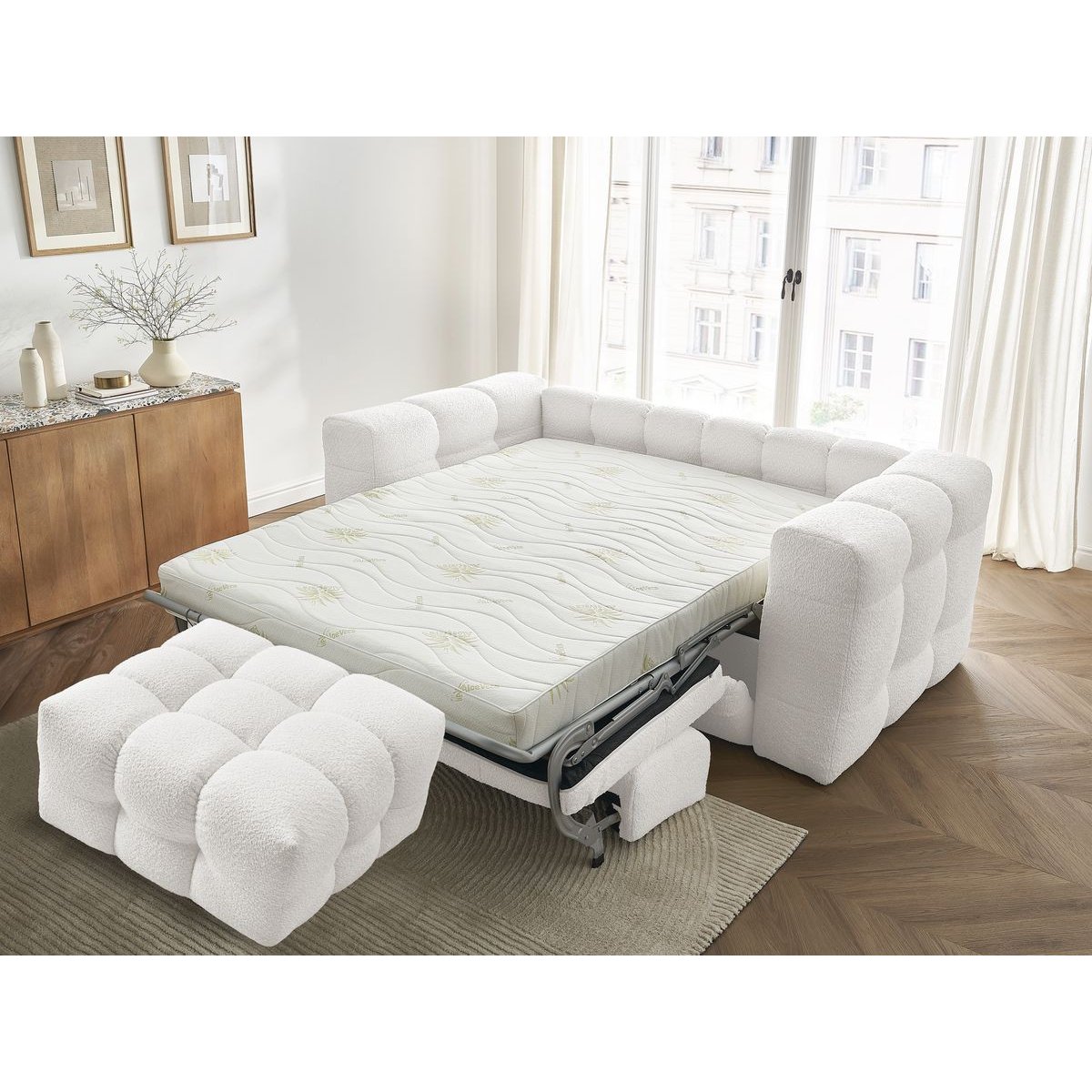 Canapé lit 3 places en tissu bouclette, CLOUD blanc, BOBOCHIC