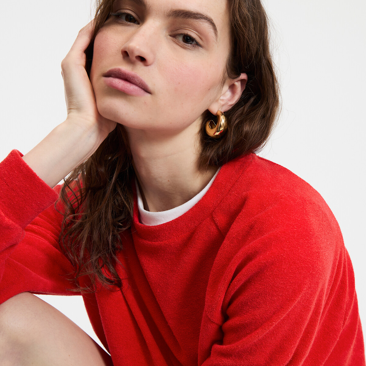 Embroidered Back Towelling Sweatshirt red, LA REDOUTE COLLECTIONS