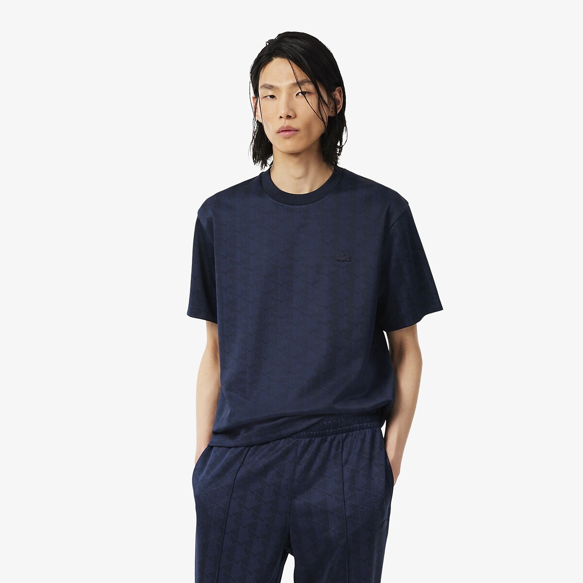 Tone-On-Tone Monogram Jacquard T-Shirt navy blue, LACOSTE