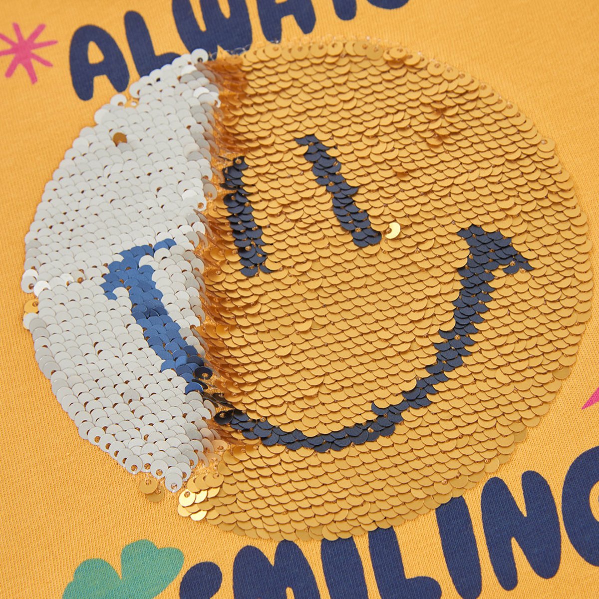 T-shirt en maille fille avec sequins smiley jaune, BOBOLI