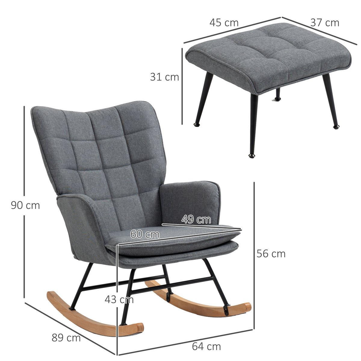 Ensemble de fauteuils à bascule Tissu aspect gris, bois naturel et noir, HOMCOM