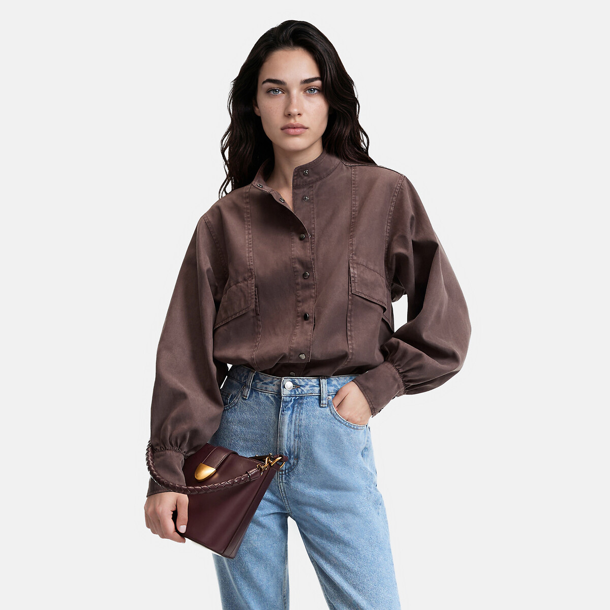 Lyocell/Cotton Puff Sleeve High Neck Shirt brown, LA REDOUTE COLLECTIONS